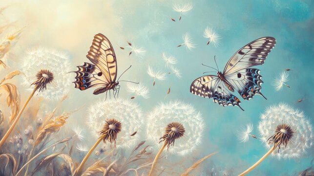 Fototapeta Two butterflies flying near dandelions seeds blowing in the wind, sunny day.