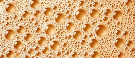 Close-up of golden beer bubbles on a frothy surface, showcasing the texture and detail of refreshing beverage. Ideal for ads, articles, or social media posts related to drinks.