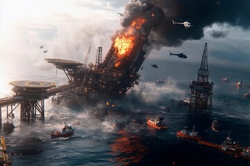 Fire engulfs oil rig as helicopters and boats rush to the scene in ocean disaster