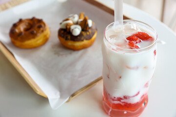 Strawberry latte and lemon tea ice and donut