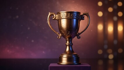 Fototapeta premium A classic bronze trophy with elegant curves, spotlighted against a glowing pink-to-purple gradient bokeh backdrop