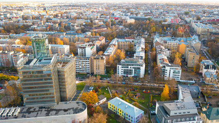 Aerial photo from drone to the modern district of Skanste in Riga. The Skanste district is also home to the large Arena Riga. Riga, Latvia (Series)