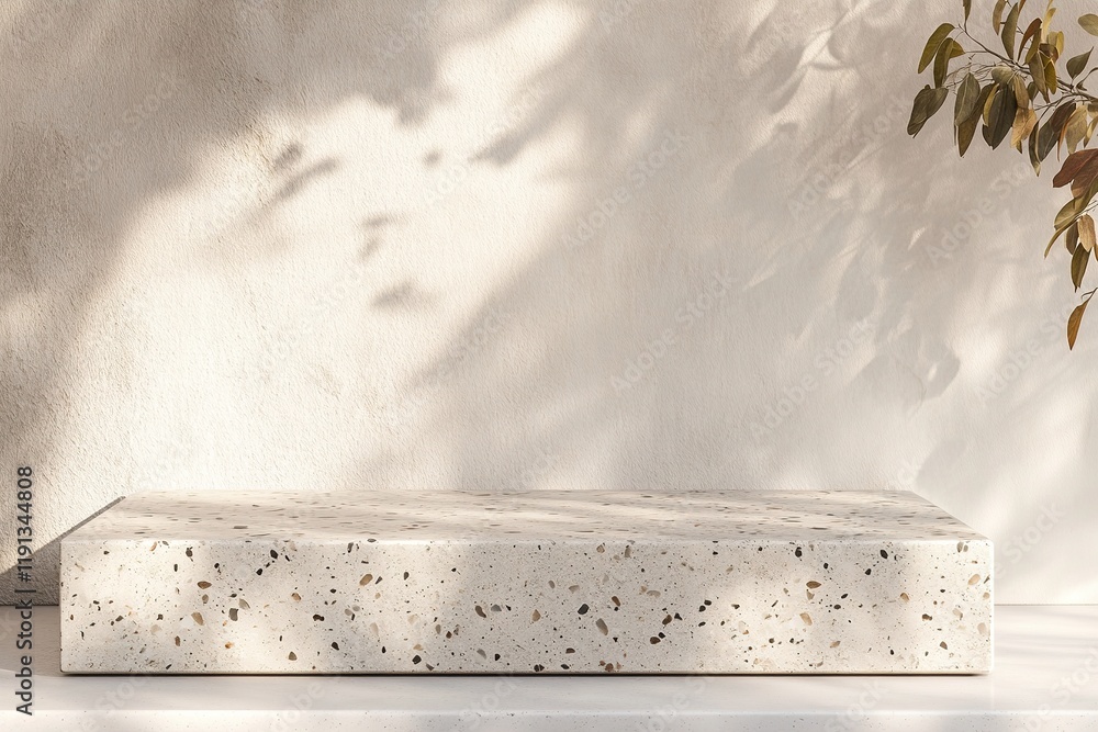 Poster modern nordic podium features smooth concrete and terrazzo slab with natural stone patterns in soft 