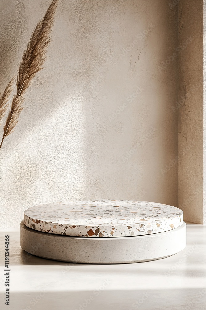 Poster modern nordic-style podium featuring smooth concrete base with terrazzo slab against soft beige back