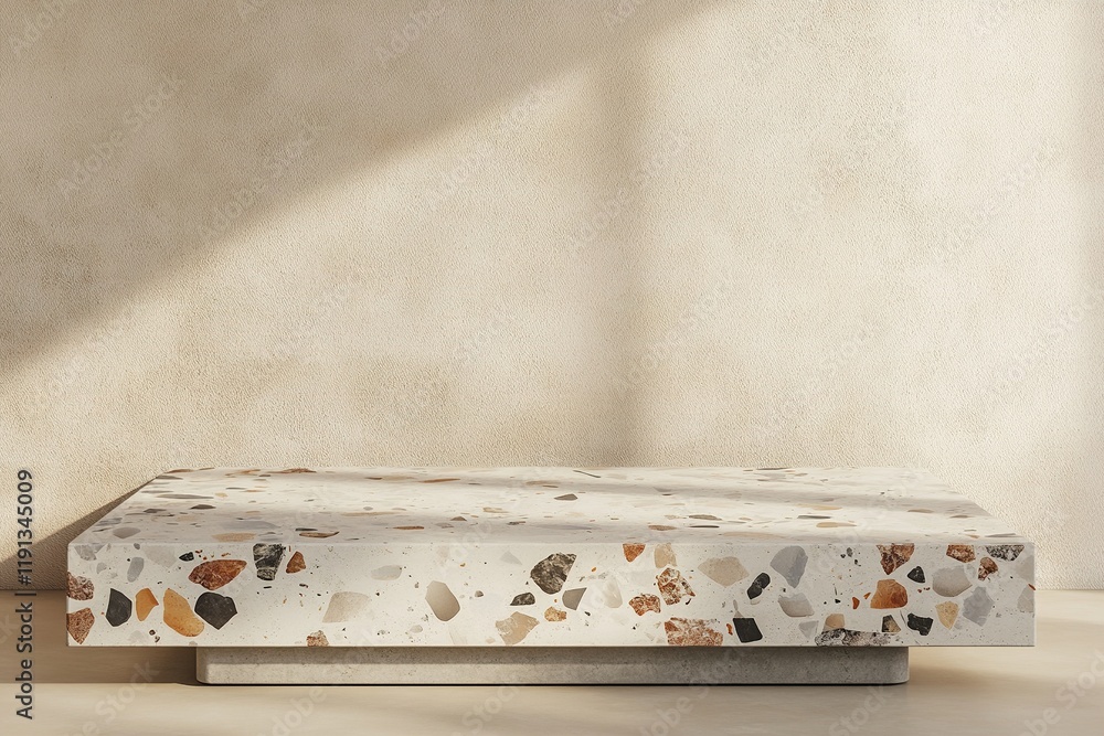 Poster modern nordic podium design featuring terrazzo and concrete against a soft beige background with amp