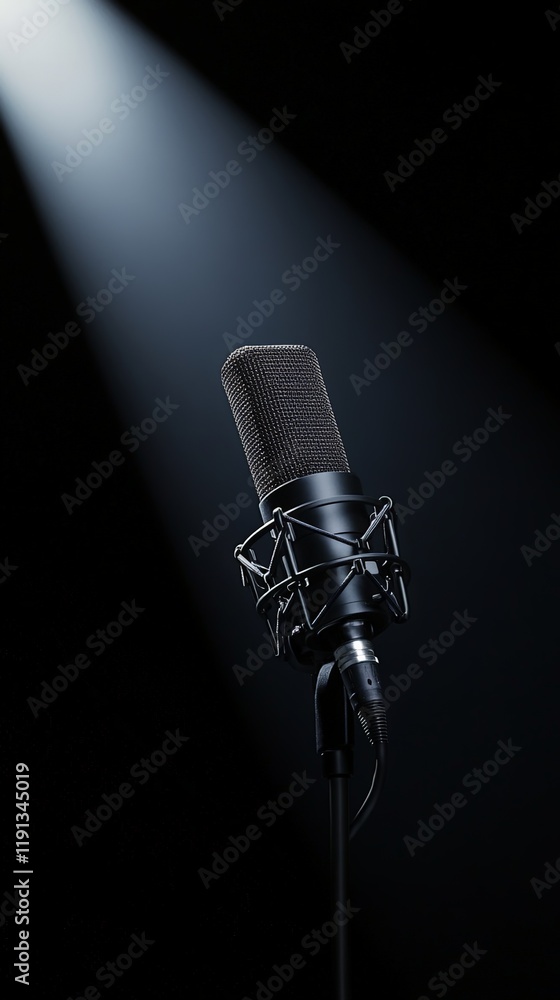 Poster studio microphone standing on a stage illuminated by a spotlight beam, creating a dramatic atmospher