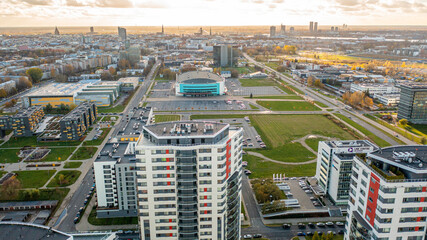 Aerial photo from drone to the modern district of Skanste in Riga. The Skanste district is also home to the large Arena Riga. Riga, Latvia (Series) © Sandis