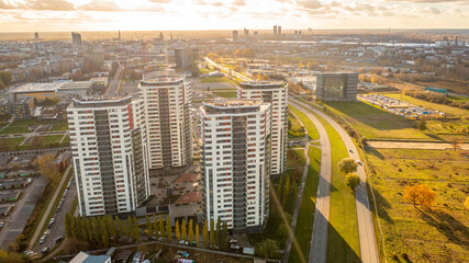 Aerial photo from drone to the modern district of Skanste in Riga. The Skanste district is also home to the large Arena Riga. Riga, Latvia (Series) © Sandis
