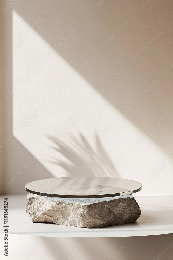 Poster modern nordic podium showcasing a glass surface atop a rough stone base against a light neutral back