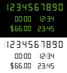 Fototapeta premium Neon digital number clock display with green light digits, designed for price labels and electronic font use.