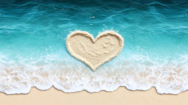 Heart of sand, in the sea. Empty space for copy.