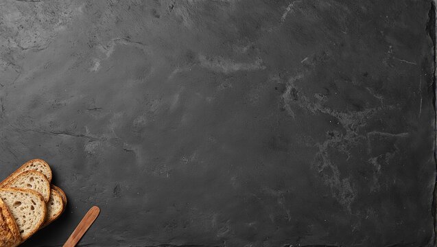 Top view of slate gray kitchen countertop with sliced sourdough bread and wooden butter knife - Powered by Adobe