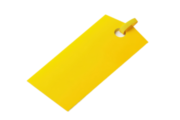 Bright yellow tag with a hole for attachment, ideal for labeling and organizing items in various settings