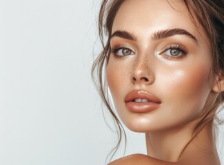Naklejka premium Beauty women portrait with freckles, clean and healthy glowing skin, concept of sunscreen lotions, skincare cosmetics and spa, studio background