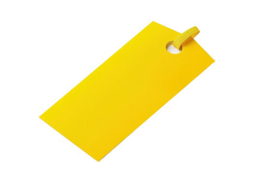 Bright yellow tag with a hole for attachment, ideal for labeling and organizing items in various settings