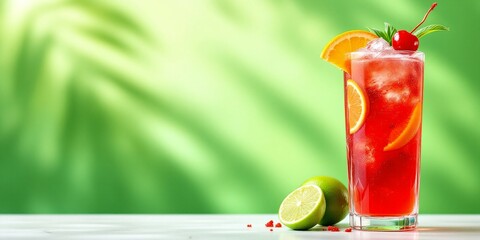 Fresh red tropical cocktail with orange slice, cherry and lime on green palm shadow background. Summer refreshing drink for beach party menu with copy space