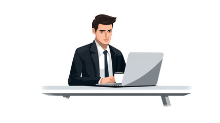 a businessman sitting at a desk with a laptop, wearing a suit, focused on work	