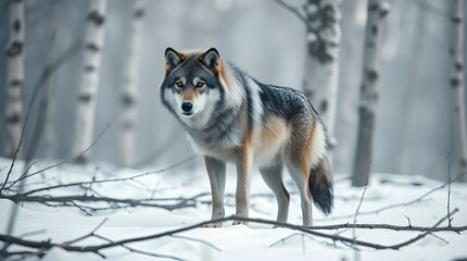 Obraz premium Warm lighting, blurred bokeh effect. A large gray and white wolf, thick shaggy fur, whiter chest and legs, darker grey back, alert ears, piercing eyes, stoic expression, stands in a centrally compose