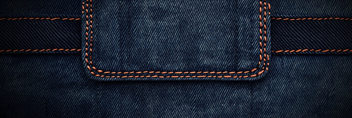 Close-up of blue denim fabric with orange stitching and dark strap detail