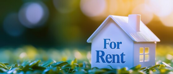 A small model house with a "For Rent" sign sits on green grass, illuminated by soft sunlight, suggesting availability and inviting prospects.
