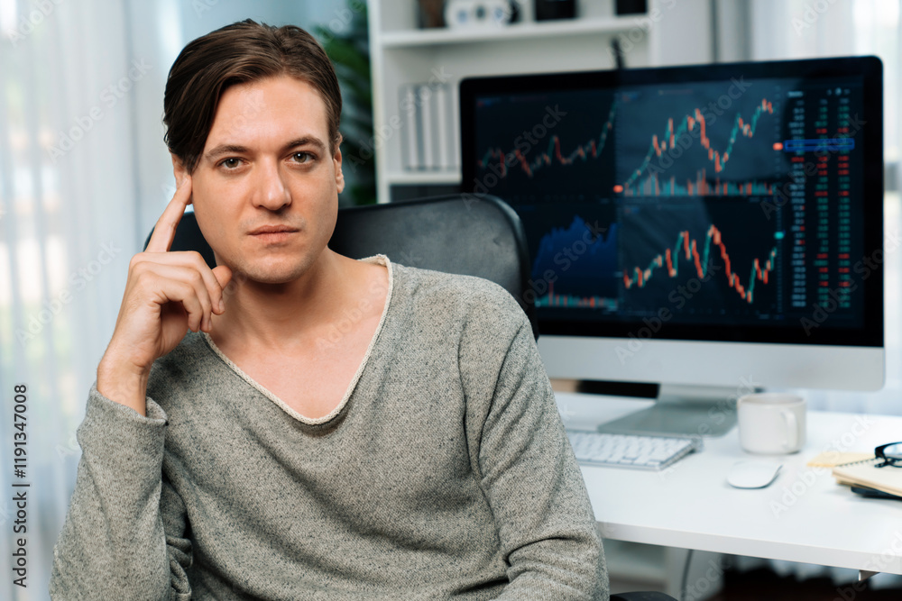 Poster smart business trader in casual looking at camera against value dynamic increased stock exchange mar