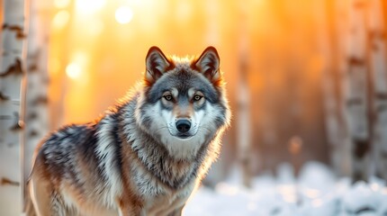 Warm lighting, blurred bokeh effect.  A large gray and white wolf, thick shaggy fur, whiter chest and legs, darker grey back, alert ears, piercing eyes, stoic expression, stands in a centrally compose