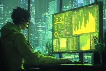 2d animation of a flat character typing at a computer with animated charts and graphs appearing on the screen in a minimalist office setting