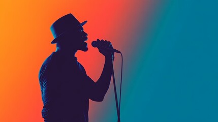 Silhouette of a male singer wearing a hat performing live music with a microphone in front of a vibrant gradient background, creating a dramatic and artistic representation of musical expression