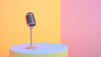 Silver vintage microphone standing on a small round stage with a vibrant two tone backdrop, evoking...