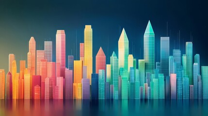 Obraz premium A vibrant city skyline featuring colorful skyscrapers.