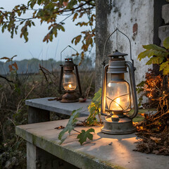 two antique oil lamps glowing in the dusk casting
