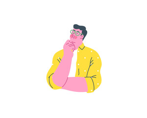 Thinking people, modern flat vector concept illustration- man standing thoughtfully, looking upwards. Metaphor for reflection, analysis, introspection, contemplation, deep thought