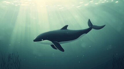 Fototapeta premium A solitary orca swims gracefully underwater in sunlight