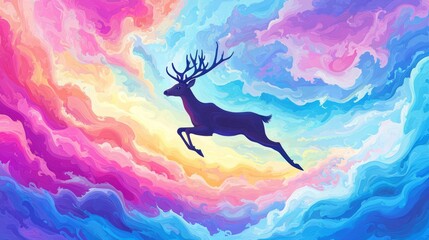 A vibrant silhouette of a deer against colorful swirling clouds.