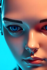Close-up of a futuristic humanoid robot face with glowing eyes, showcasing intricate mechanical details and a sleek design.