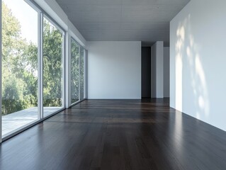 A large room with a wooden floor and a window