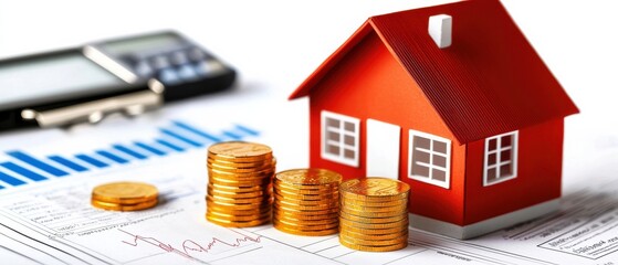 A small red house with gold coins sits on financial documents, symbolizing real estate investment and wealth accumulation.