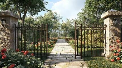 Fototapeta premium Ornate gate, stone pillars, garden path, blooming roses.