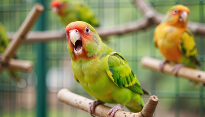 Obraz premium Joyful Red-masked parakeet chirping on perch in urban aviary, nature's harmony