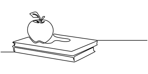 Vector continuous one single line drawing icon of books and an apple back to school concept in silhouette sketch on a white background. Linear stylized, Knowledge Is Power Continuous Line Illustration
