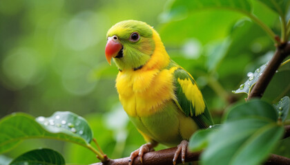 Yellow-chevroned parakeet perched on branch in lush forest, nature's beauty