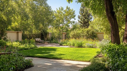 Lush garden, patio furniture, flowering plants, grassy lawn.