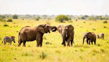 Fototapeta premium Elephants communicating with trunks in grassland, family connection