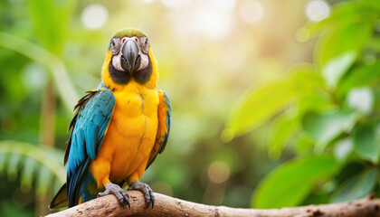 Vibrant macaw perched in tropical aviary with filtered sunlight, wildlife insight