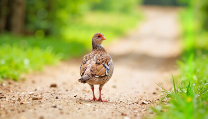 Obraz premium Charming red-legged partridge walking along a dusty path, nature scene
