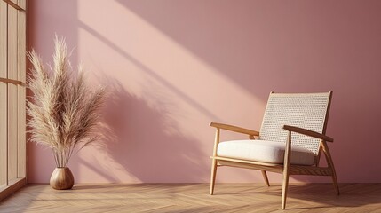 Cozy winter room with a large window revealing a snowy landscape, soft natural light filling the space, style book illustration
