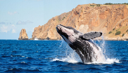 Naklejka premium Whale breaching in scenic coastal waters at sunset, ocean majesty