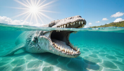 Whale jaw fossil emerging from clear waters, oceanic discovery