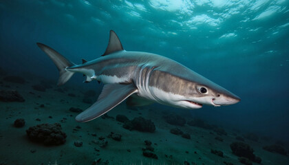 Fototapeta premium Rare goblin shark gliding through dark ocean depths, marine wonder