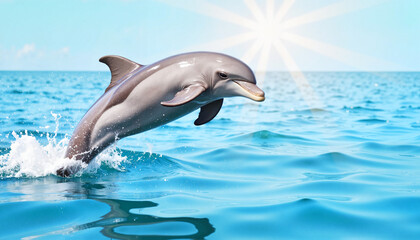 Dolphin leaping joyfully out of ocean water under bright sunlight, animal abilities
